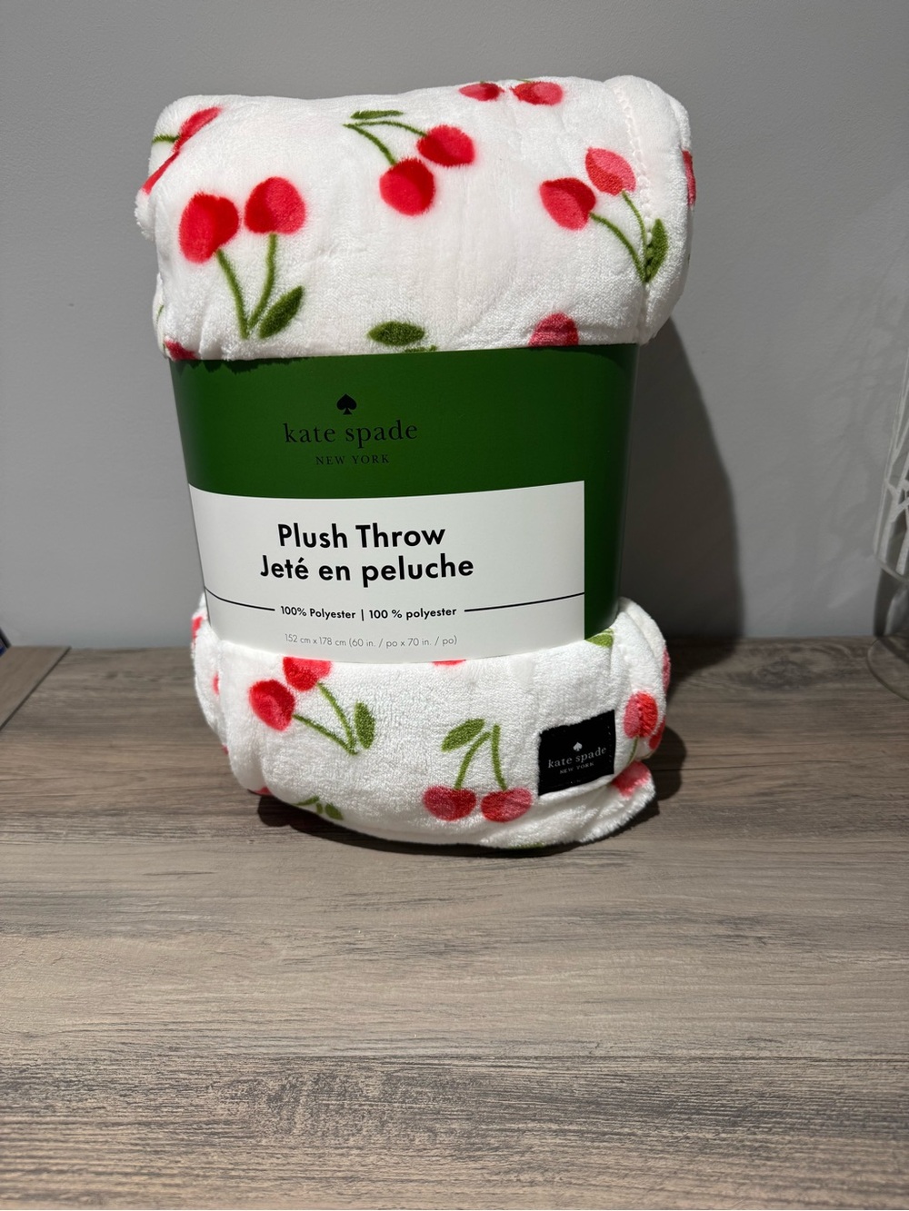 kate spade White Plush Throw with Red Cherry Motif